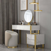 Stylish white makeup table with stone top, cabinet mirror, and stool for modern bedroom